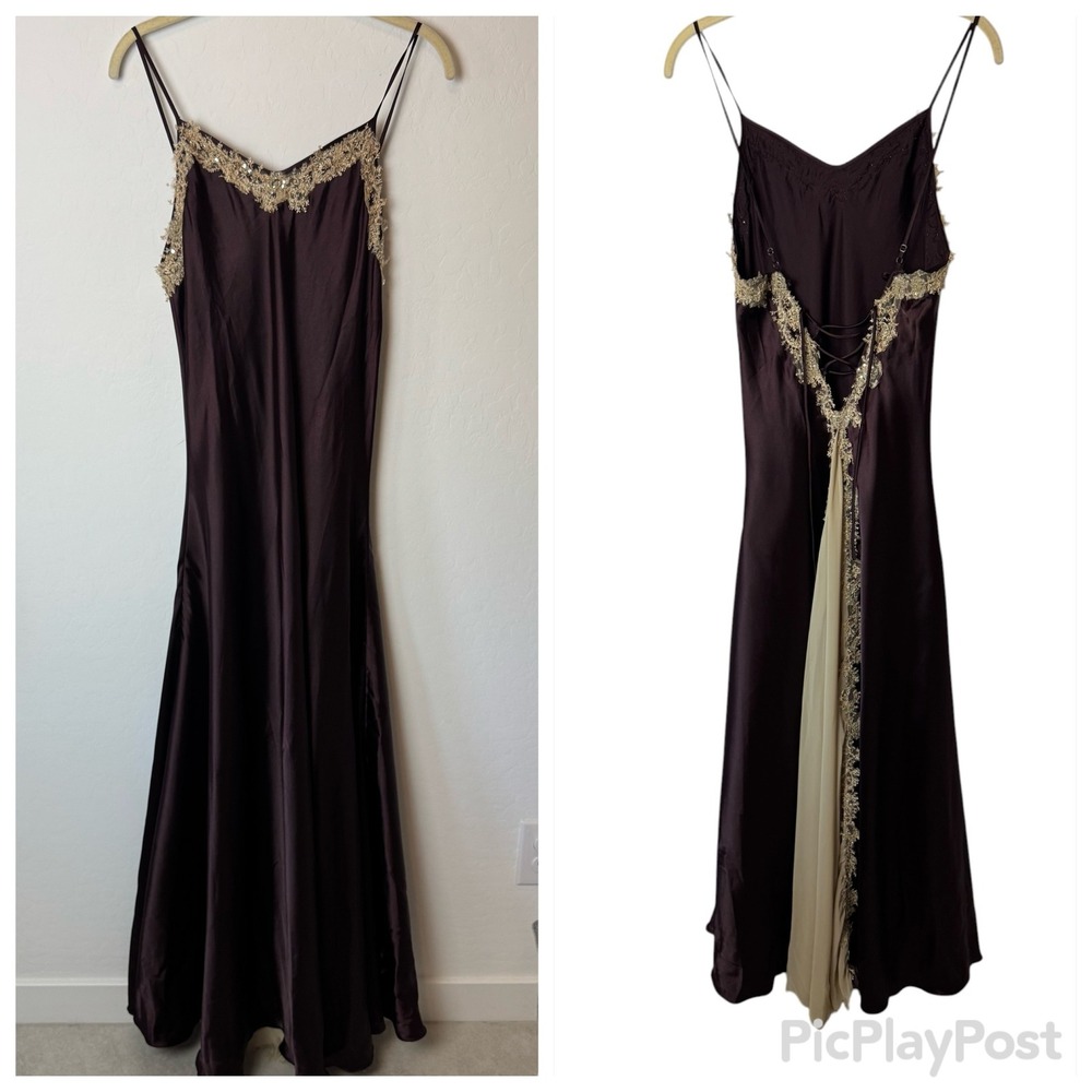 Secrets Plum Satin Lace-Up Back Maxi Dress Gold Lace Beaded Trim Gown Asia